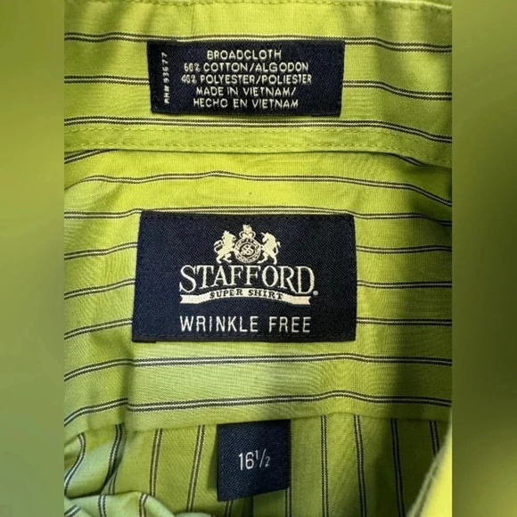 Stafford Button Down EUC Green Striped 60% Cotton Size 16 1/2 - Picture 6 of 7